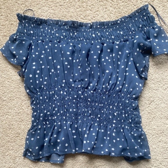 Mi Ami Blue and White Polka Dot Smocked Off-Shoulder Top - Picture 9 of 9